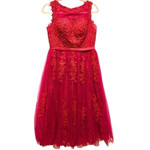 NEW Elegant Red Sleeveless Sequin Lace Embroidered Midi Formal‎ Dress Size 12